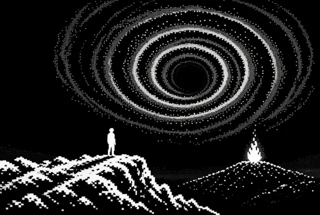 Pixel art: a lone figure on a hill stares into a spiral void while a bonfire burns on the opposite hill
