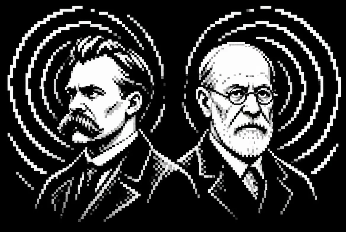Pixel-art portraits of Friedrich Nietzsche and Sigmund Freud, side by side, surrounded by concentric circles