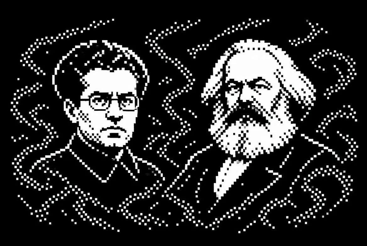 Pixel-art portraits of Antonio Gramsci and Karl Marx among drifting dotted lines