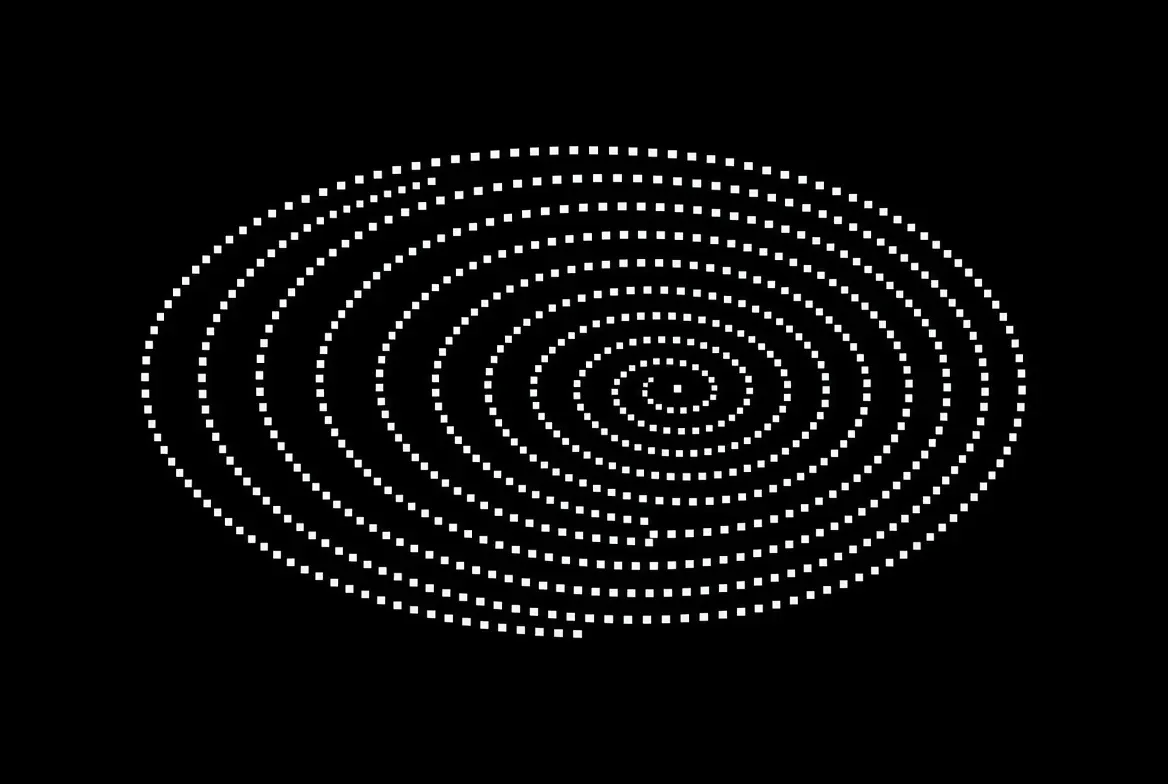 Pixel art: a spiral of white dots narrowing toward a single point on a black background