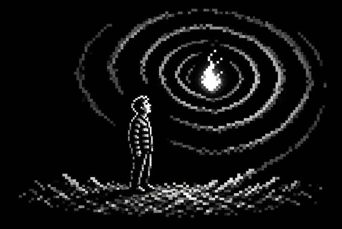 Pixel art: a figure stands before a spiral with a small flame burning at its centre