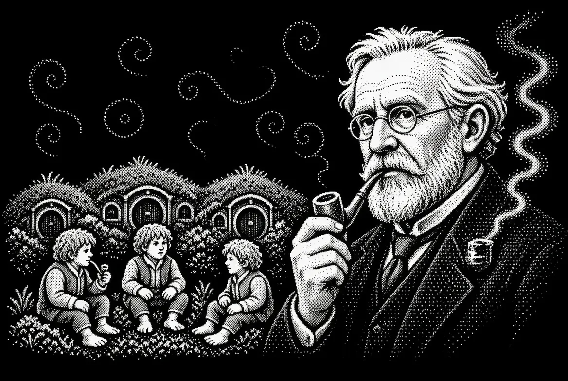Pixel art: J. R. R. Tolkien smoking a pipe beside three hobbits sitting in front of round hobbit-hole doors